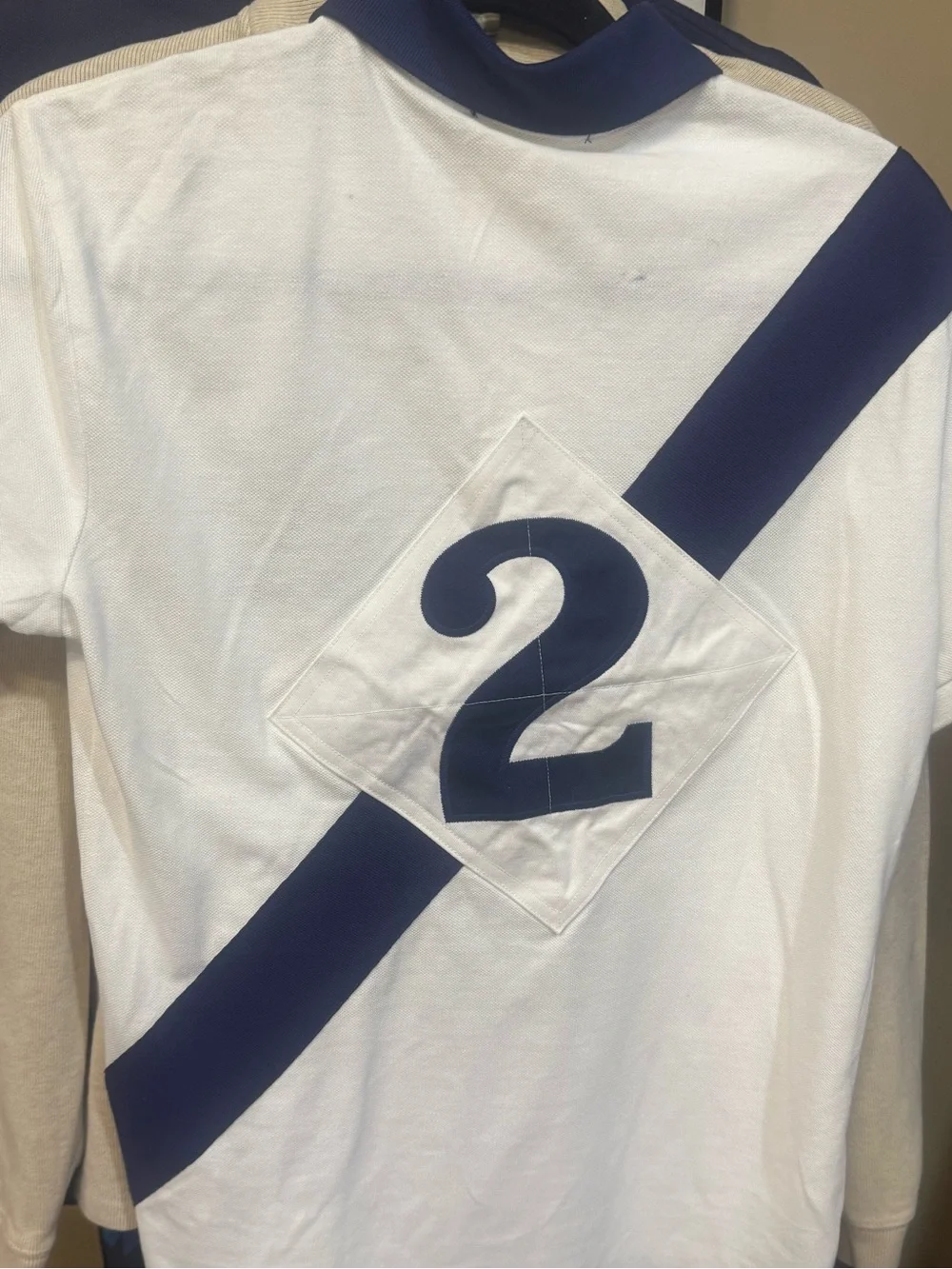 Polo by Ralph Lauren White Polo with Navy Diagonal Stripe and Number
